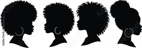 African American women silhouettes, natural curly afro hairstyles, diverse profiles, black beauty, cultural identity, empowerment, stylish and confident female portraits.