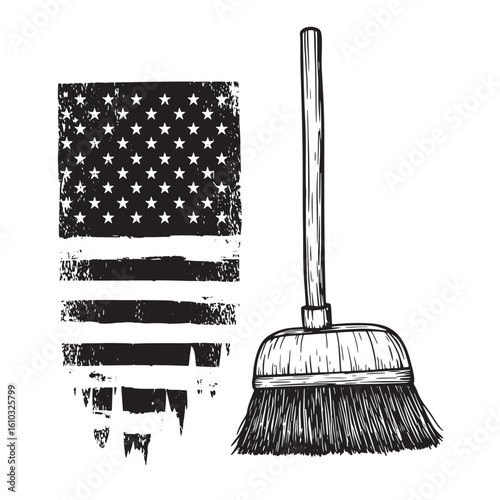 Vintage art depicting american flag and broom symbolizing the process of cleansing and renewal