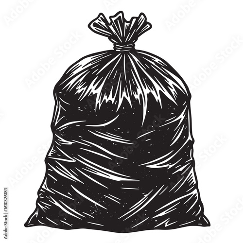 Vintage art illustration depicting a tightly sealed black garbage bag ready for disposal