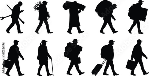 People walking with various items silhouettes, everyday life, commuters, travelers, workers, carrying bags, tools, luggage, diverse individuals on the move.