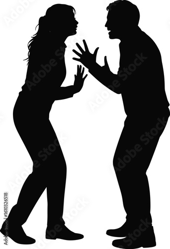 Silhouette of couple arguing, emotional conflict, relationship tension, man and woman fighting, heated discussion, dramatic scene, isolated background