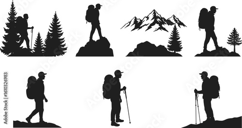 Collection of male hiker and mountaineer silhouettes with backpacks and trekking poles amidst mountains and trees, ideal for illustrating outdoor adventure.