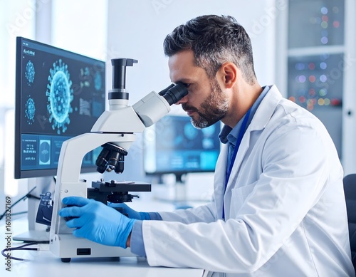 A doctor-virologist is use their eye pressed to a high-powered electron microscope, revealing a magnified, intricate virus structure on the screen.