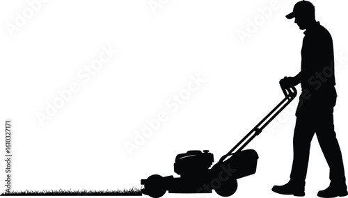 Silhouette of a man efficiently mowing a lawn with a push mower, symbolizing garden maintenance, spring cleanup, and outdoor domestic chores, perfect for home and landscaping themes.