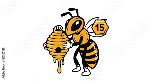 Cartoon bee holding a beehive with dripping honey, a number 15 on its wing.