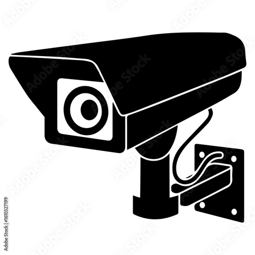 Surveillance Camera Silhouette: A graphic silhouette of a security camera, mounted on a wall, symbolizes constant vigilance and modern security systems. 