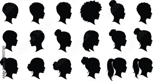 Diverse set of female head and hair style silhouettes in profile, representing various ages and ethnicities, perfect for beauty, fashion, avatar, and portrait-related designs and concepts.