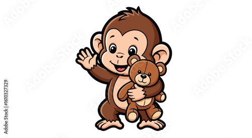 A cartoon monkey happily waving while holding a teddy bear, smiling broadly.