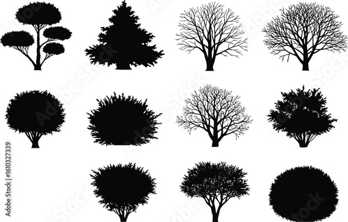 Diverse collection of tree and bush silhouettes in various shapes and forms, including deciduous and coniferous, perfect for landscape design, architectural rendering.