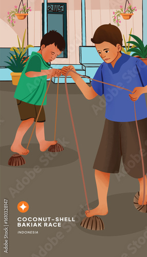 Illustration of the Coconut Shell Race in Indonesian Culture flat Design