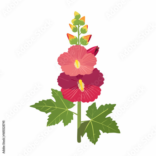 Illustrative depiction of a vibrant hollyhock flower with detailed botanical features