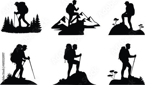 Dynamic silhouettes of male hikers and trekkers with backpacks and poles navigating diverse mountain landscapes, perfect for illustrating adventure, exploration, and outdoor sports, symbolizing