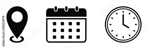 Date, time, address, location icon set. Calendar, clock, map pin, reminder, address symbols. Calendar icon symbol. Clock sign. Business schedule and office time clock. Location pin vector.