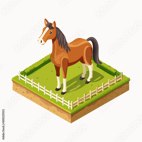 Isometric vector illustration of a horse in an enclosure on a green grass patch