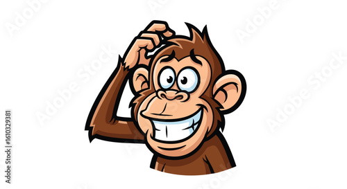 Cartoon monkey scratching its head, looking confused and smiling on a white background.