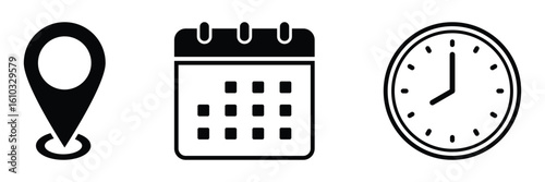 Date, time, address, location icon set. Calendar, clock, map pin, reminder, address symbols. Calendar icon symbol. Clock sign. Business schedule and office time clock. Location pin vector.