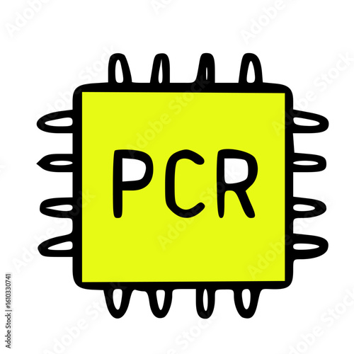 A hand-drawn illustration of a microchip labeled "PCR," representing polymerase chain reaction technology.