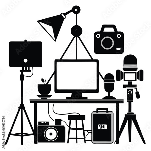 A Black and White Illustration of a Video Production Setup Depicting Cameras, Lights, Monitors, and Other Essential Equipment