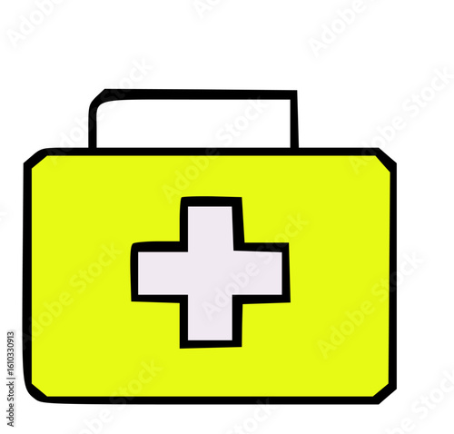 A simple drawing of a yellow first-aid kit with a white cross.