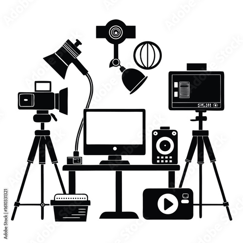 A Black and White Illustration of a Video Production Setup Depicting Cameras, Lights, Monitors, and Other Essential Equipment
