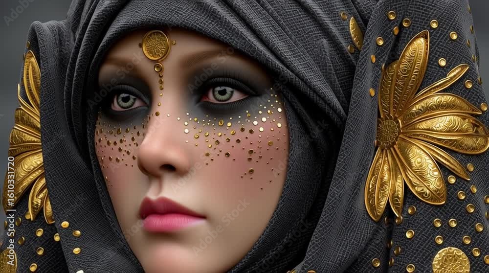 Ethnic Golden Glamour Portraits,
A young woman in a luxurious gold embroidered headscarf with golden glitter makeup around her eyes in a vintage fantasy style. golden face art fantasy portrait golden 