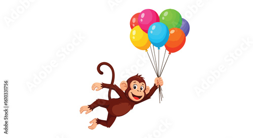 Cheerful cartoon monkey flying through the air holding a colorful bunch of balloons.