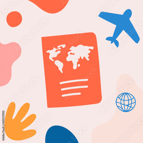 Stylized travel visa illustration featuring a passport and airplane for international travel and identity