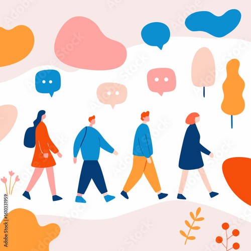 Colorful walking tour illustration featuring people strolling and chatting in a vibrant outdoor setting