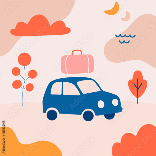 Colorful car hire illustration with a suitcase on top and scenic background for travel