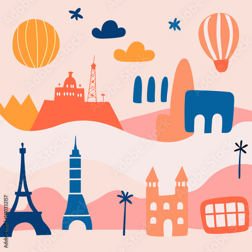 Colorful city tour illustration featuring famous landmarks and hot air balloons for travel