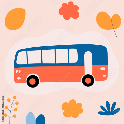 Colorful bus illustration surrounded by decorative elements for transportation and travel