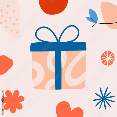 Colorful gift box with ribbons surrounded by decorative elements for holiday concept
