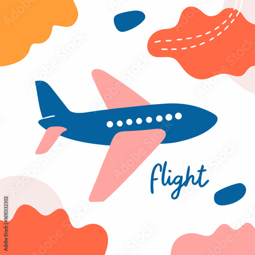 Stylized airplane illustration with vibrant clouds and flight theme in bright colors