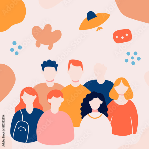 Group of tourists illustration with colorful abstract background 
