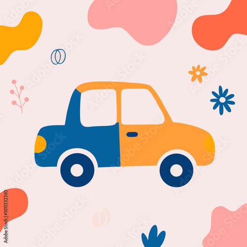 Colorful ride-share illustration with vibrant car and playful abstract elements for transportation themes