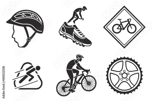 Bicycle sport icons including cyclist, shoe, and gear