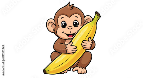 A cartoon monkey happily holding a large, ripe, yellow banana.