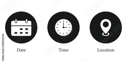 Time, date, location or place icons symbol. Time, date and address icon. Editable stroke isolated on white background, linear vector illustration, symbol logo design style. EPS 10