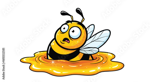 Cartoon bee, looking worried, is stuck in a puddle of honey.