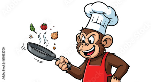 A mischievous monkey chef expertly tosses ingredients in a frying pan, showcasing culinary skills.
