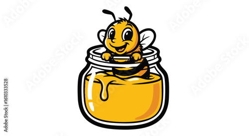 Cartoon bee character inside a honey jar with dripping honey.