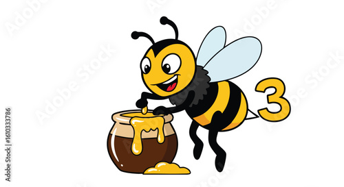 Cartoon bee dips its hand into a pot of honey, with a number three nearby.