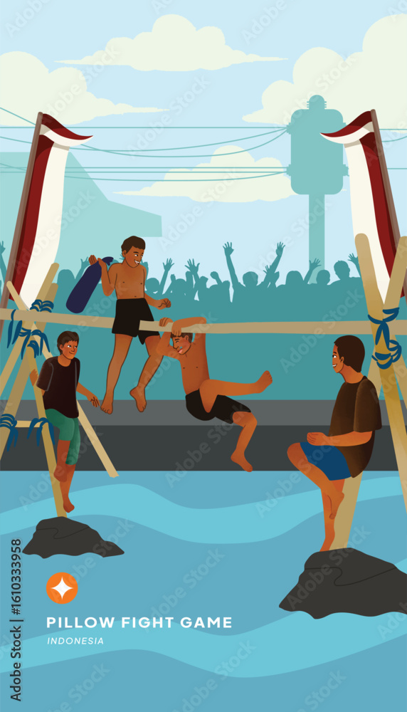 Fototapeta premium Pillow Fight or perang bantal indonesian culture Layout Idea
