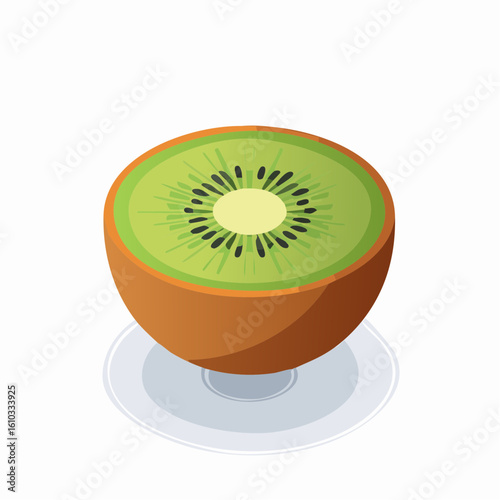 Isometric illustration of a halved kiwi fruit on a transparent plate against a white background