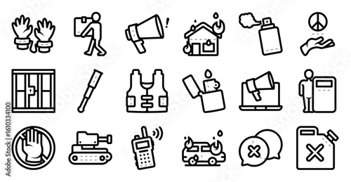 Crime icon set related to criminal, danger, law, lawful, police, justice, riot, and others. vector illustration with line and outline style