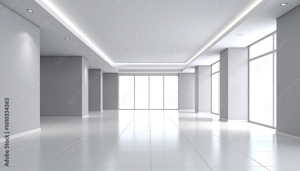 Fototapeta premium Bright and modern minimalist interior with large windows and gray walls design