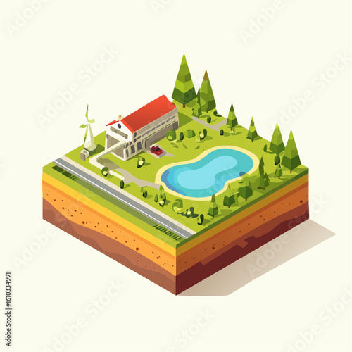Isometric illustration showcases idyllic rural scene with house, pond, and renewable energy