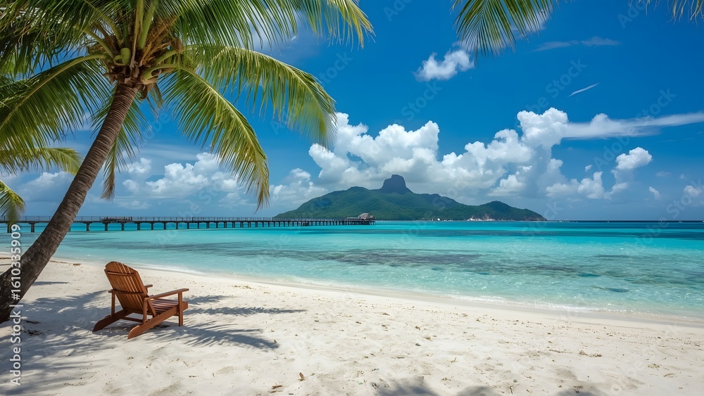 Fototapeta premium Paradise beach with view an island, wood chair, holiday summer theme