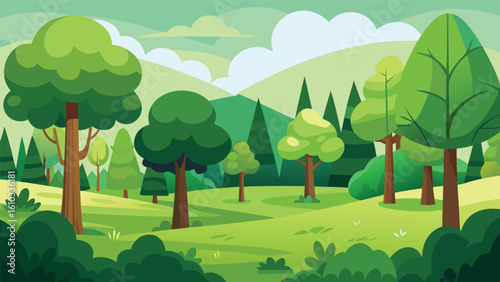 Cartoon Style Illustration of Lush Greenery with Trees Plants and Foliage