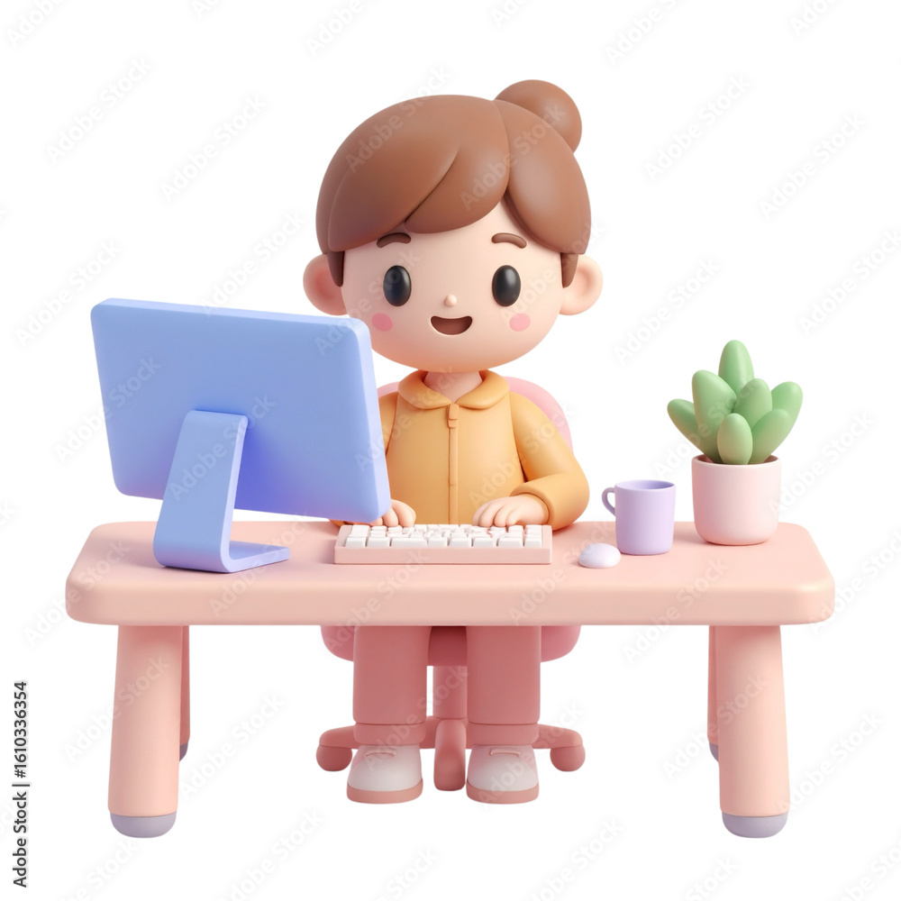Cartoon girl character sits at a desk working on a computer. Cartoon girl character sits at a desk working on a computer.